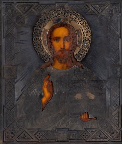 Ikone, Russland, 19. Jahrhundert, Christus Pantokrator, Silberoklad