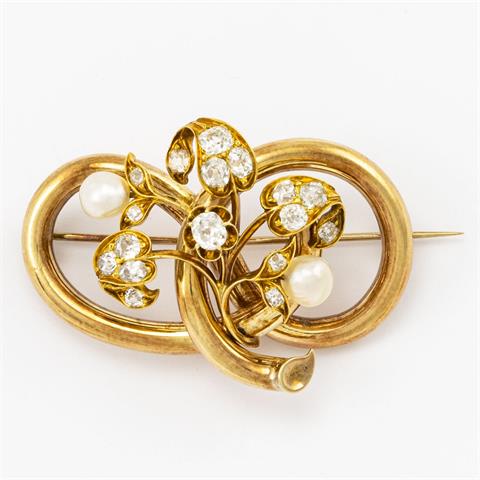 Blütenzweig-Brosche mit Diamanten und Perlen