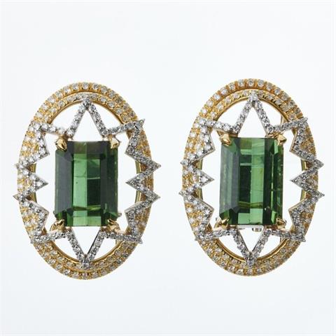 Paar ovale Turmalin-Ohrringe mit Diamanten
