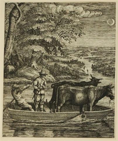 Hendrik Hondius (1597-1651), Kupferstich, Lastkahn mit Kühen bei Mondschein