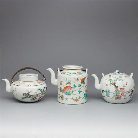 3 Teekannen, China, Qing Dynastie, um 1900