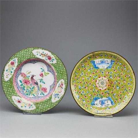 2 Emaille Teller, China, Qing Dynastie