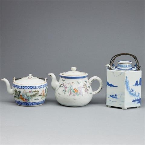 2 Teekannen, 1 Reisweinkanne, China, Qing Dynastie, 19. Jahrhundert