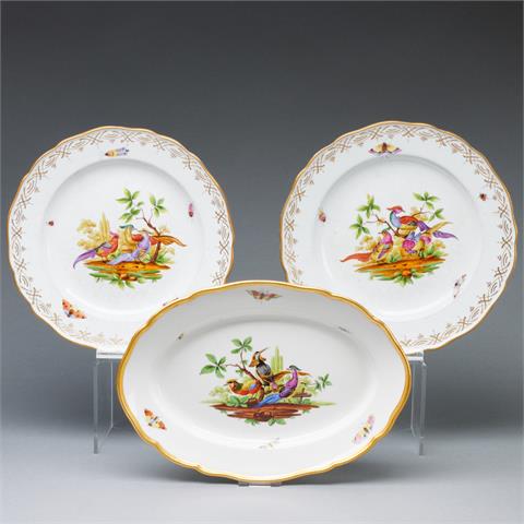 1 ovale Platte und 2 Speiseteller - unterschiedliche Paradiesvögel mit Insekten. Meissen 1850-1924 und um 1770.