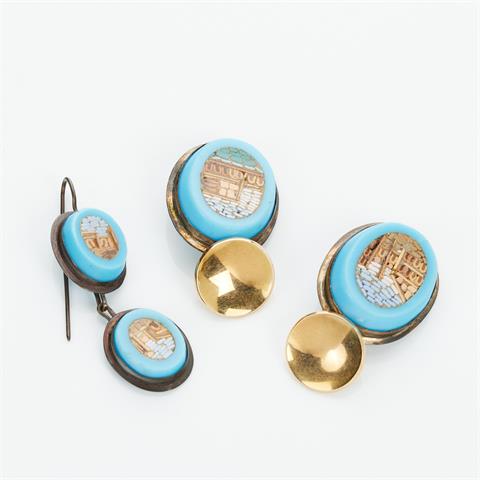 Paar Manschettenknöpfe und ein Ohrring mit Micro-Mosaik mit Venedig-Ansichten