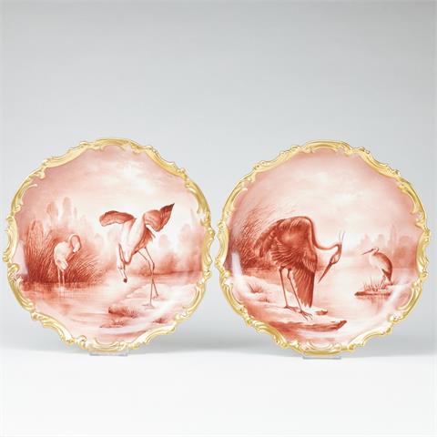 2 Wandteller - Edmond Lajouanie: Flamingos und Fischreiher. Um 1870.