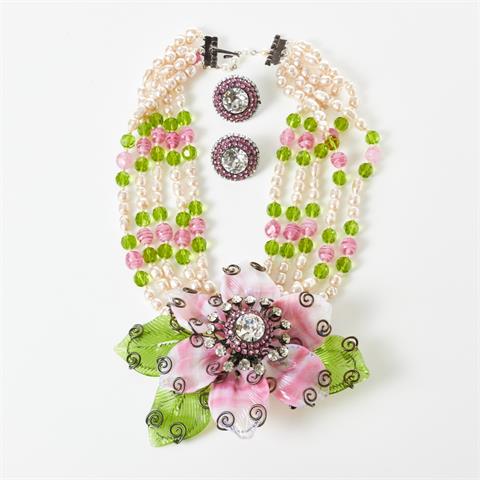 VRBA - riesige Vintage Blütenbrosche / Collier mit Perlen und Strass mit Paar Ohrclips (3 Teile)