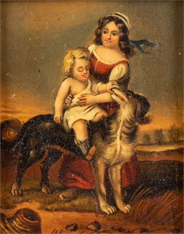 Miniaturgemälde, 18. Jahrhundert, Mutter mit Kind und Hund