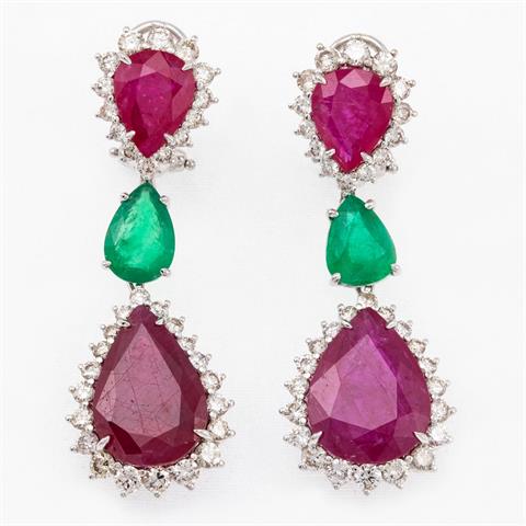 Paar tropfenförmige Rubin-Smaragd-Ohrringe