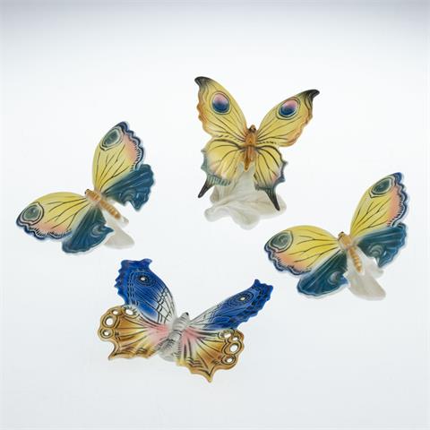 4 Schmetterlinge in 3 unterschiedlichen Darstellungen. Porzellanfabrik Karl Ens, Volkstedt ab 1919.